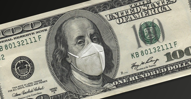 $100 bill with Ben wearing mask